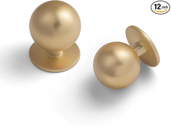 Set of 12 -Sleek Round Brushed Brass Cabinet Knobs - Modern and Minimalist Hardware for Stylish Home Enhancement - 1 1/8 Inch Diameter