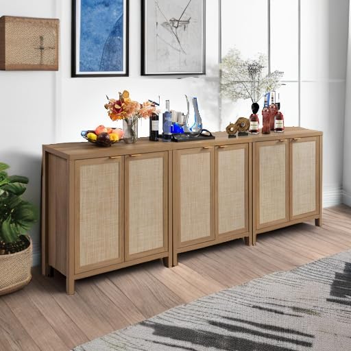 SICOTAS Sideboard Buffet Coffee Bar Cabinet - 3 Pieces Farmhouse Boho Rattan Credenza Storage Cabinet with Large Storage for Kitchen, Living Room, Entryway, Oak
