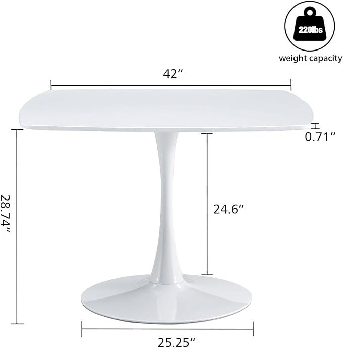 42 Inch White Square Dining Table for 4-6 Person,Mid-Century White Tulip Table Kitchen Dining Table with MDF Tabletop and Pedestal Base for Home Kitchen