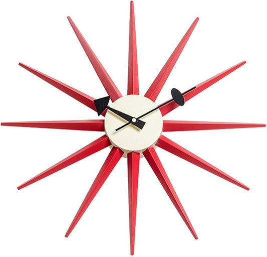 SHISEDECO Modern Sunburst Clock in Red Color, Non Ticking Wooden Mid Century Retro Design Decorative Silent Wall Quartz Clocks for Home, Living Room, Office and Bedroom etc.