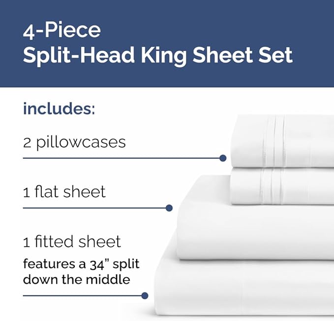Flex Top Split Head King 4 Piece Sheet Set - Ultra-Soft, Breathable & Cooling Bed Sheets Set - Hotel Luxury Bedding for Women & Men with Deep Pockets - Wrinkle Free & Fade Resistant - Oeko-Tex - White