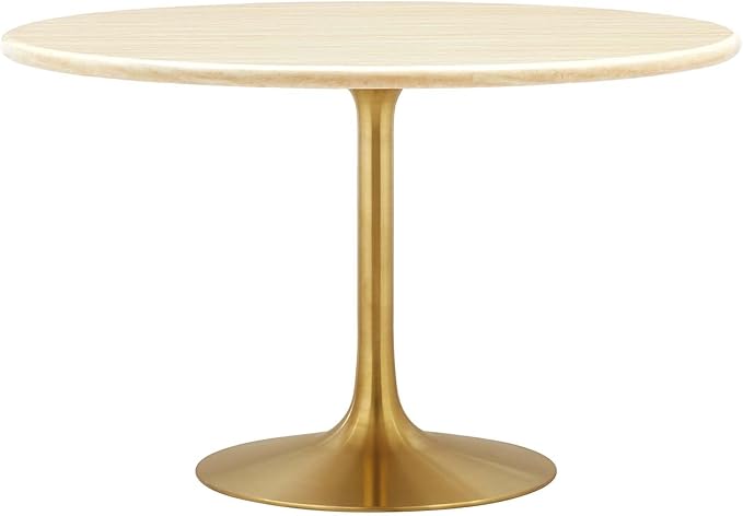 Modway Lippa 48" Round Artificial Dining Table with Tapered, Metal Base, Gold Travertine