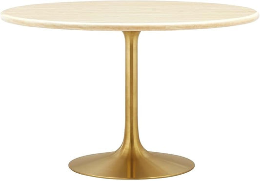 Modway Lippa 48" Round Artificial Dining Table with Tapered, Metal Base, Gold Travertine