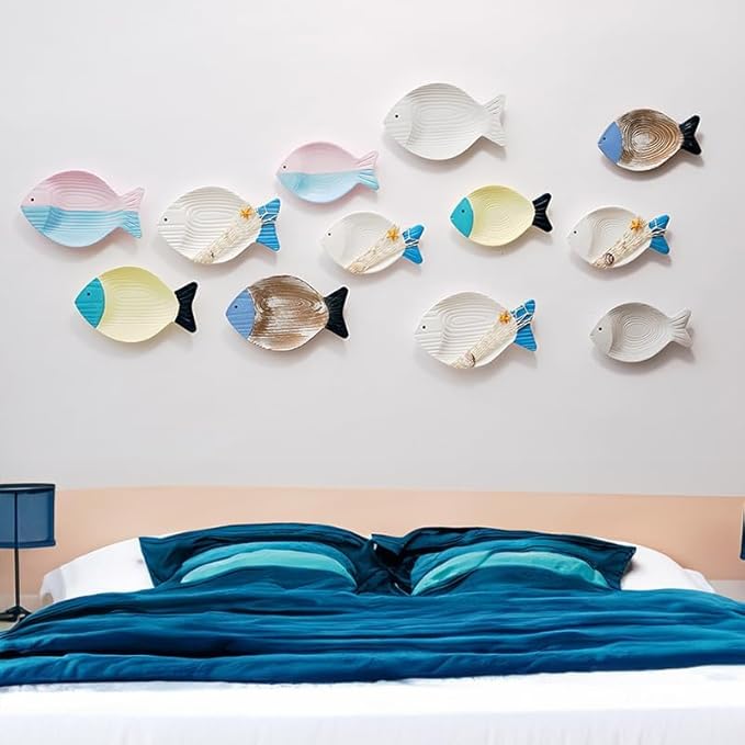 CSWLJS 2PC Beach Decor - Fish Hanging Wall Art, Coastal & Ocean Decor for Bathroom, Patio or Pool. White Wooden Vintage