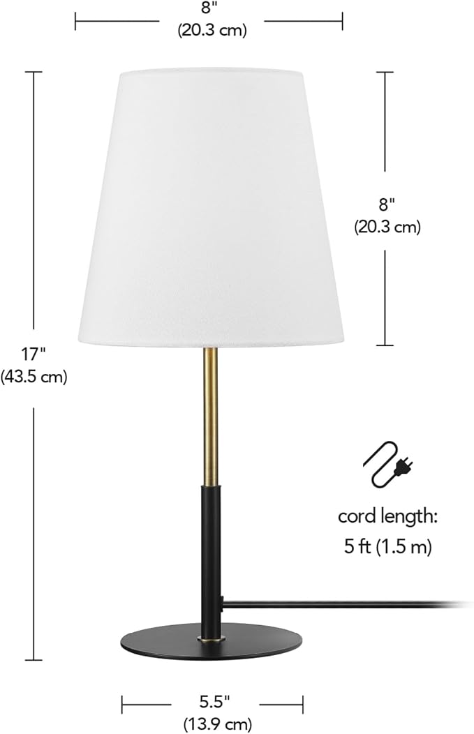 GLOBE Electric 61000045 16" Table Lamp, Matte Black, Brass Accents, White Linen Shade, On/Off Rotary Switch on Socket, Table Lamps for Living Room, Bedroom, Office, Den, Apartment Essentials