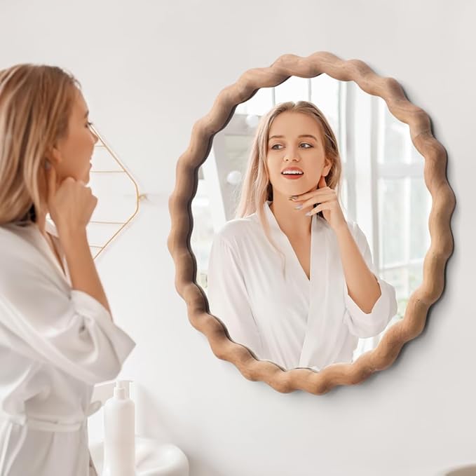 Irregular Wall Mirror,Wood Round Farmhouse Mirror Unique Vanity Mirror,18" Nature Wooden Modern Bathroom Mirror for Washroom Living Room Bedroom