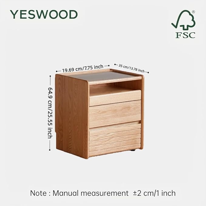 YESWOOD Solid Oak Nightstand with Hidden Drawers, Natural Wood Night Stand with Wheels, Rolling Bedside Table with Glass Tabletop and Open Shelf, Modern Nightstand for Bedroom, Living Room(25.59" H)