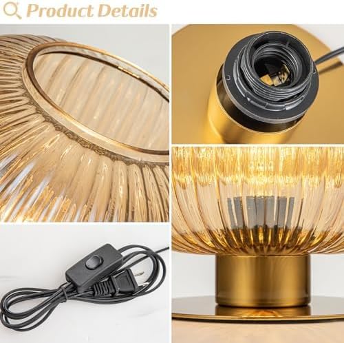 Mid Century Modern Globe Table Lamp, Amber Glass Table Lamp Vintage Bedside Lamp Gold Nightstand Lamp Ribbed Lantern Design, Small Side Table Lamps Decorative Desk Lamp for Bedroom Living Room Office