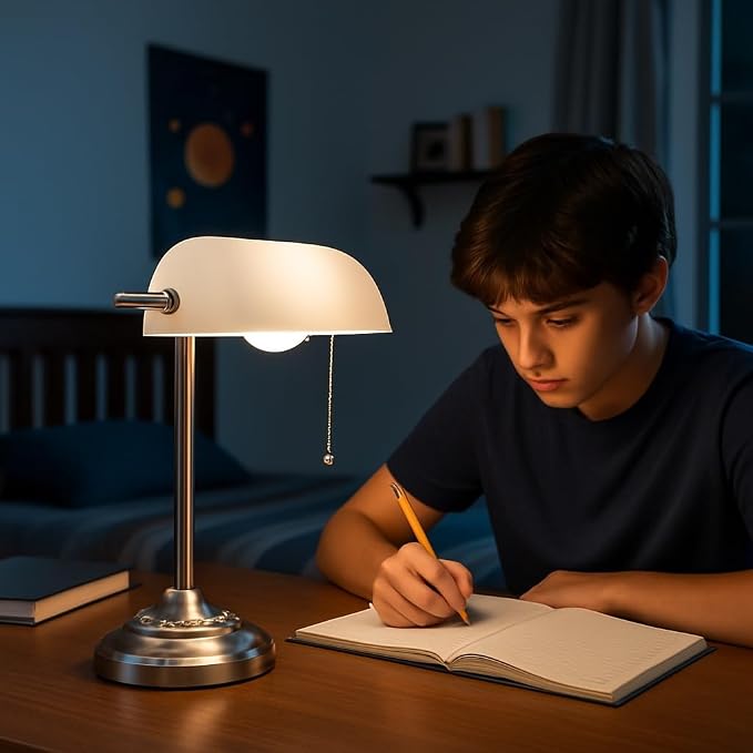 LIGHTACCENTS Bankers Desk Lamp with White Glass Shade, Nickel Finish - Traditional Desk Light for Home Office, Reading, Piano, Bedside