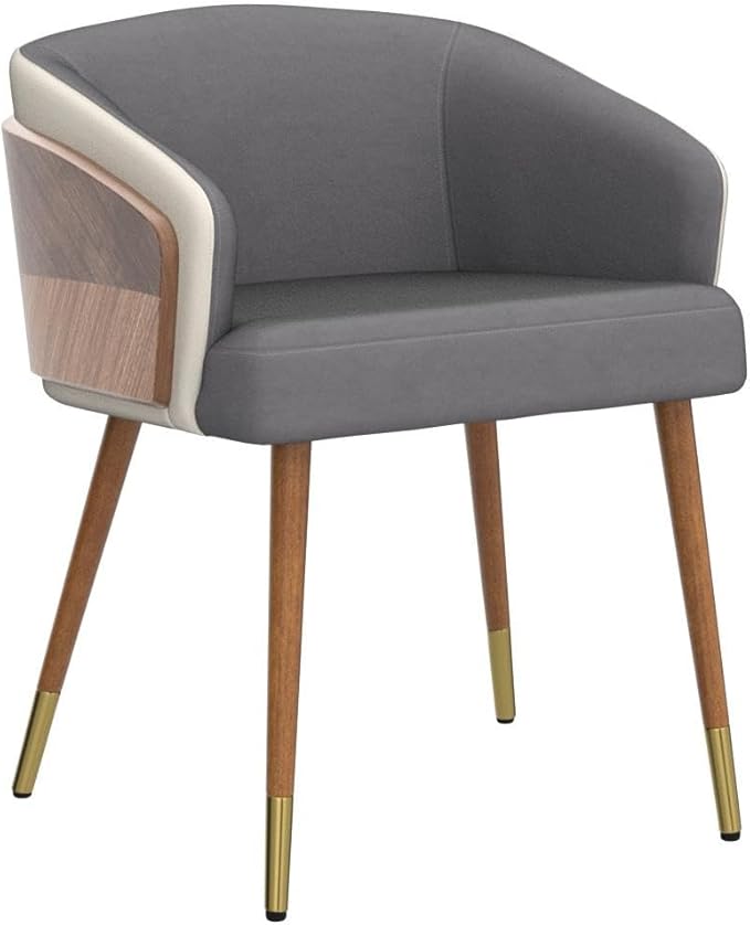 ARTPLAN Dining Accent Chair,Modern Faux Leather with Walnut, Mid Century Eucalyptus Upholsted Retro Arm Chair, Metal Legs Dissassembly Adjustable Foot for Kitchen Dining Room,Grey