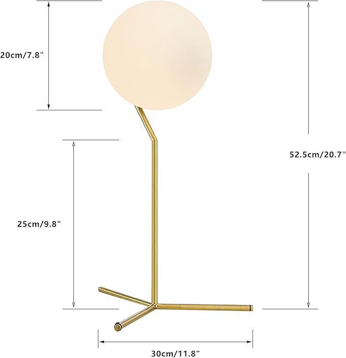 BOKT Modern 1-Light Glass Globe Table Lamp Contemporary Minimalist Tall Bedside Desk Nightstand Lamp Vintage Brush Gold Metal Table Light Frosted White Glass Ball Reading Lamp