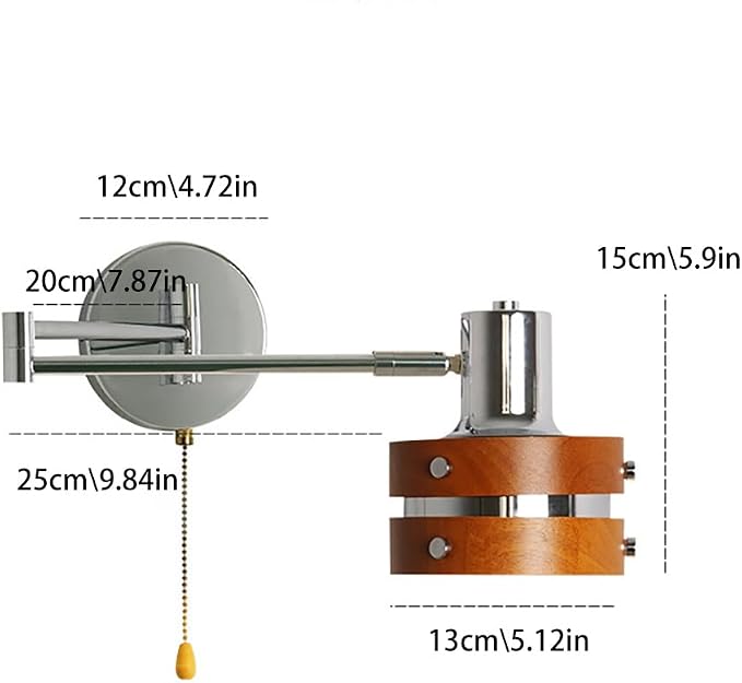 Industrial Retro Swing Arm Wall Lamp - Adjustable 1-Light Sconce with Pull On/Off Switch, Silver & Wood Finish, Perfect for Bedroom Reading Home Lighting Decor