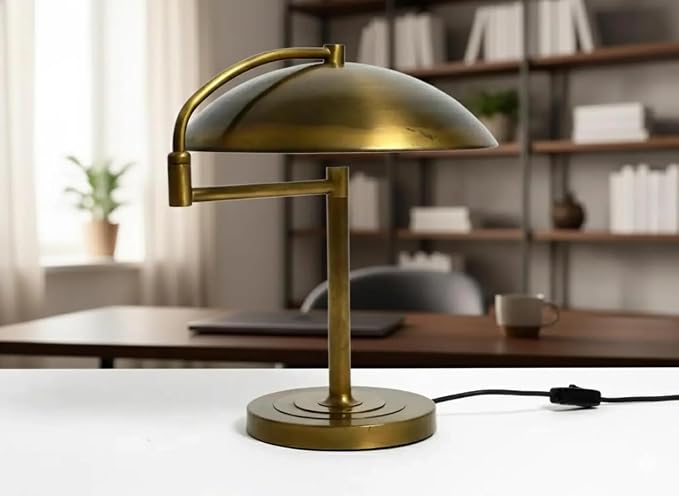 Mid Century Modern Brass Desk Lamp – 1950s Vintage Table Lamp with Dome Shade, Adjustable Swivel Arm, Heavy Solid Base, Retro Bedside Reading Light for Office, Living Room, Bedroom (Brushed Chrome)
