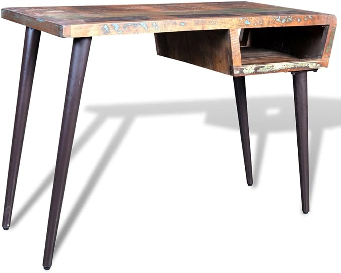Reclaimed Wood Desk with Iron Legs, Solid Wood Table, Compact Design with Storage Compartment, Suitable for Office, Home, Gaming, Standing Workstation, Modern Writing Table