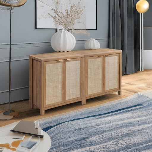 SICOTAS Sideboard Buffet Cabinet with Large Storage : Boho Rattan Credenza Coffee Bar Storage Cabinet with Adjustable Shelves, Farmhouse Console Cabinets for Kitchen, Living Room, Entryway, Oak, 2 PCS
