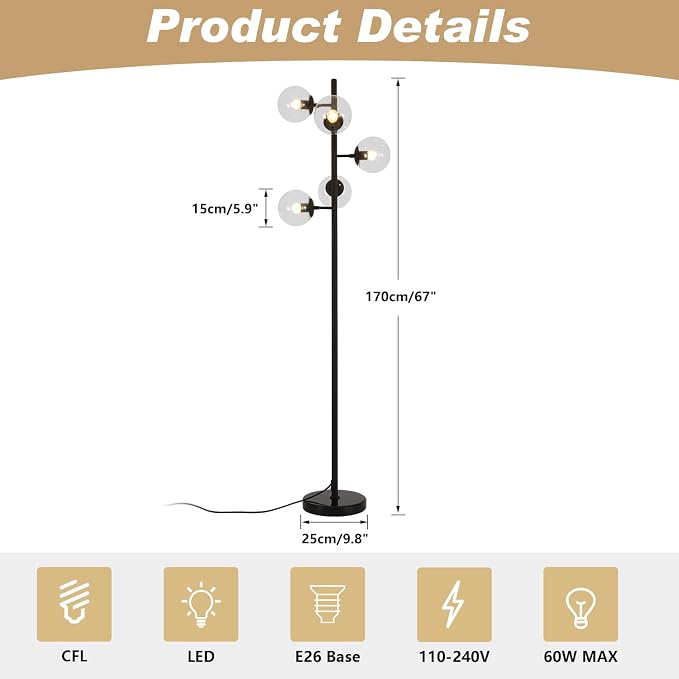 KCO Lighting 5 Light Globe Floor Lamp Black Tall Floor Lamp Mid Century Modern Floor Light Contemporary Standing Lamps for Living Room Bedrooms Office