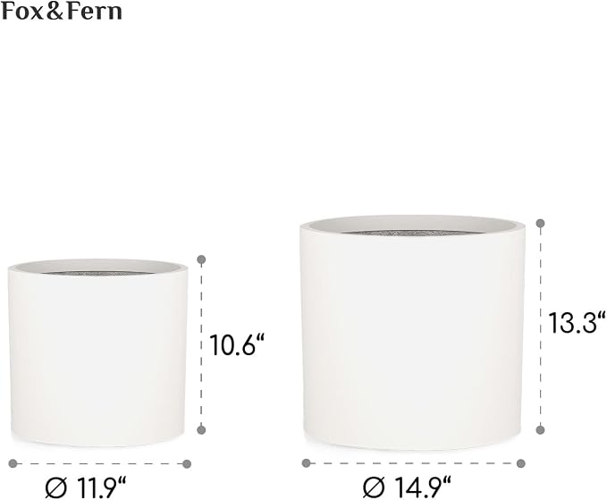 Fox & Fern Large Indoor Planter, Modern Large Plant Pot for Indoor or Outdoor, UV and Frost Resistant - Set of 2: 12 and 14.6 Inch, Fiberstone, White Flower Pot with Drainage Plug, Lightweight