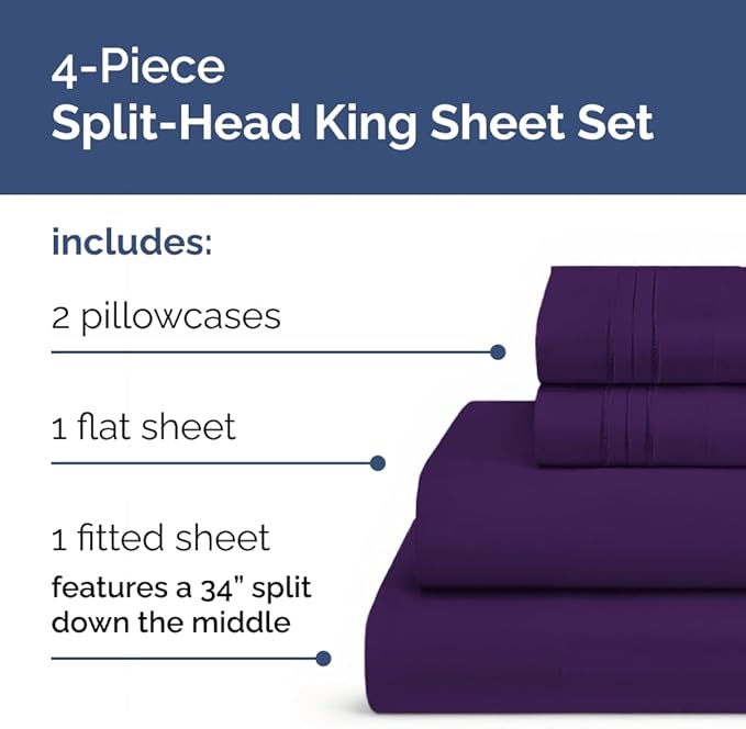Flex Top Split Head King 4 Piece Sheet Set - Ultra-Soft, Breathable & Cooling Bed Sheets Set - Hotel Luxury Bedding for Women & Men w/ Deep Pockets - Wrinkle Free & Fade Resistant - Oeko-Tex - Purple