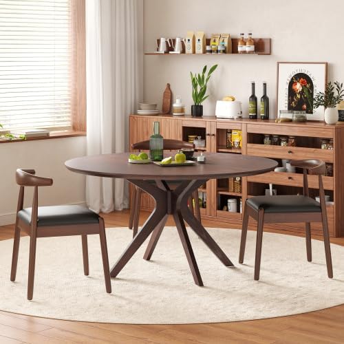 Bellemave Round Dining Table for 4-6, Solid Wood 47" Kitchen Table with Intersecting Pedestal Base, for Kitchen, Dining Room, Living Room (Walnut)