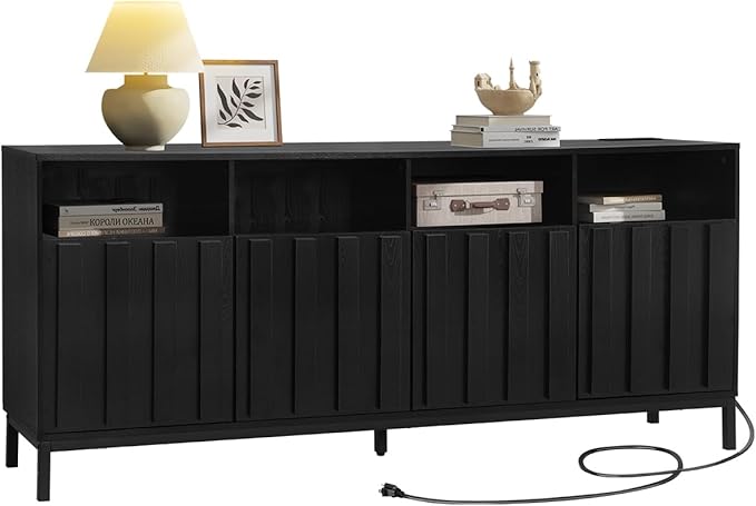 COCO DESIGN 70" Buffet Sideboard Cabinet with Fluted Panel Doors, Large Credenza Console with Power Outlet & Adjustable Shelves, Modern Storage Cabinet for Kitchen & Living Room, Black