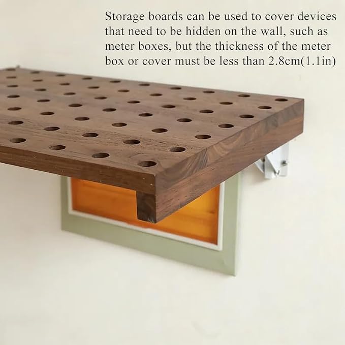 Walnut Wood Pegboard Wall Organizer, Mid-Century Modern Wall Mounted Display Shelf, Modular Wooden Peg Board Shelving Unit with Hooks for Entryway, Bedroom, Office Storage & Decor
