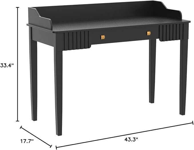 Space-Saving Black Wood Makeup Vanity Desk – Modern Computer Table with Drawers & Gold Handles