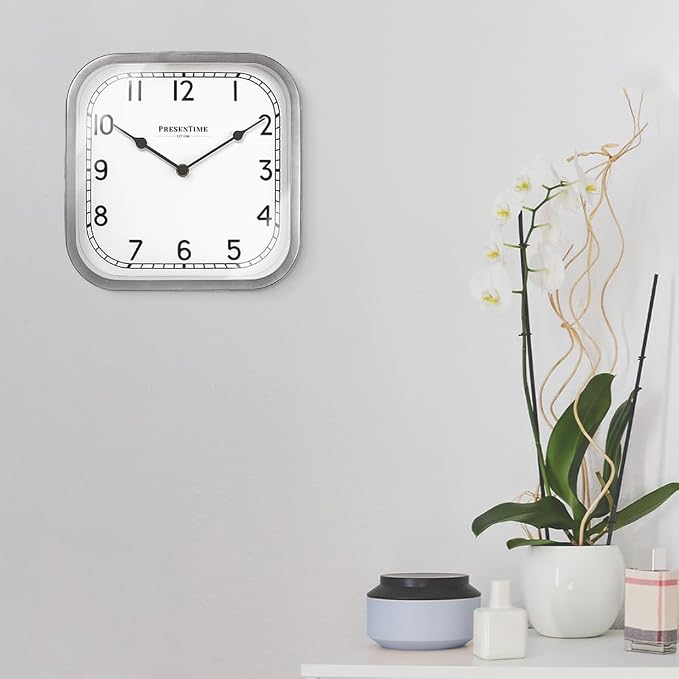 Presentime & Co 10" Anton Vintage Square Clock, Silent No Ticking, Wall & Mantel 2 in 1, Desk and Shelf Clock, Tabletop Décor, Modern Silver Color