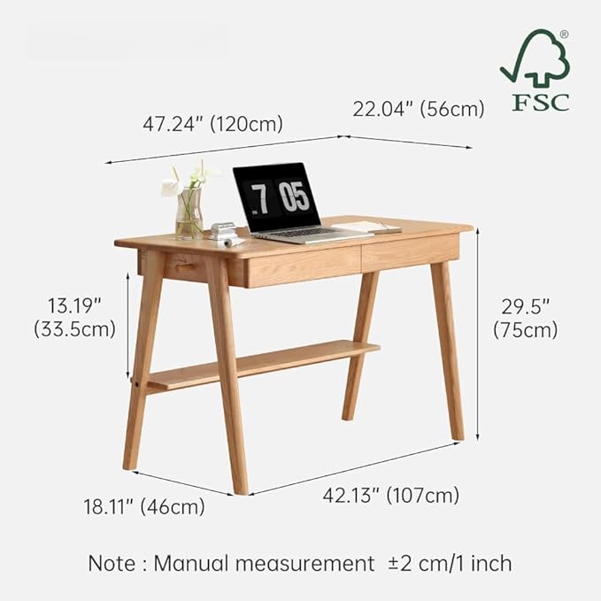 100% Solid Wood Desk with 2 Drawers, Home Office Computer Desk, Mid Century Modern Oak Desk for Study Writing 47" W
