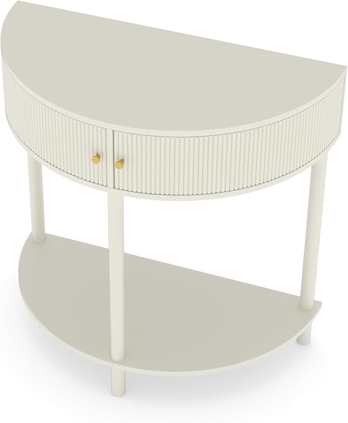 31.5'' Wood Small Console Table Retro Curved Sofa Table with 2-Door Storage Space for Living Room Entryway, Circular Half Moon Design, Cream White