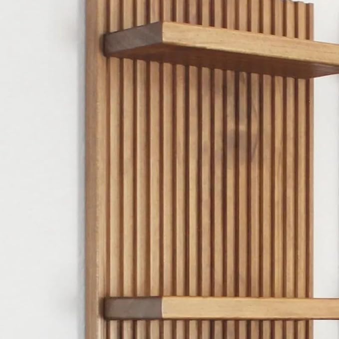 Mid‑Century Vertical Fluted Wall Shelf with Brass Knobs, 3‑Tier Dark Walnut Wood Wall‑Mount Organizer, Decorative Floating Display Rack for Plants Jewelry Home Decor
