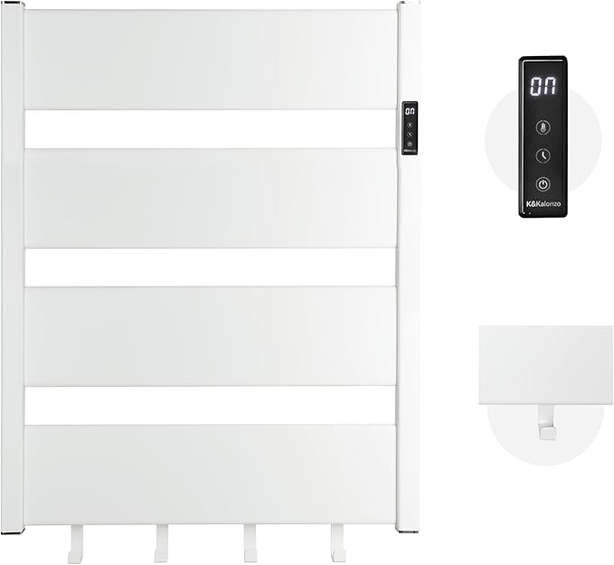 K&KALONZO Towel Warmer for Bathroom, Wall-Mounted Heated Towel Rack with Built-in Timer, Waterproof Alumnimum Electric Towel Heater, Support Plug-in and Hardwired, White, H4-W