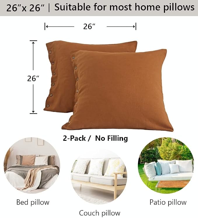 Simple&Opulence 100% Linen Euro Shams with Coconut Button (26'' x 26'') - Pack of 2 - Washed Solid Color Natural Flax Soft Breathable - Rust