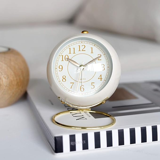 SHISEDECO Small Tableclocks Classic Non-Ticking Tabletop Alarm Clock with Backlight, Battery Operated Astronaut Deskclock with HD Glass for Living Room Bedroom Bedside Indoor Decor (White)