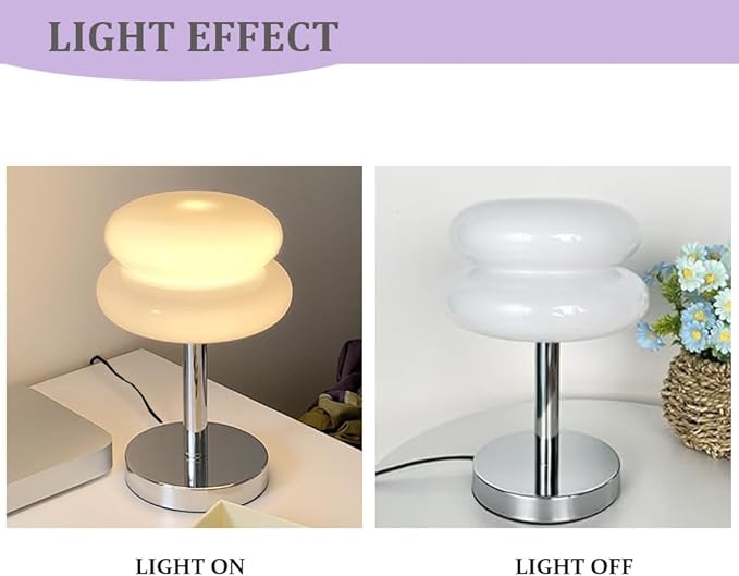 Meefad Mid Century Modern Glass Table Lamp, Mushroom Lamp for Bedroom, Cute Table Lamps, Elegant Night Light for Living Room in White