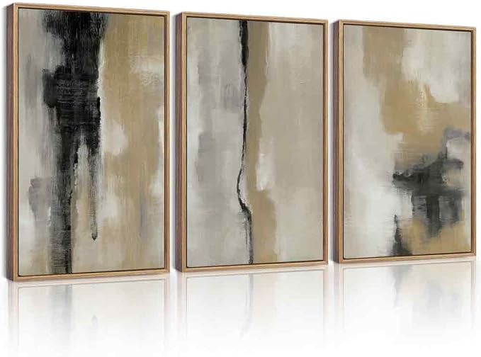 KUVIOKE Black Gray Abstract Framed Wall Art Neutral Wall Decor Minimalist Modern Illustrations Art Print for Living Room Bedroom 16x24in (Natural Framed)