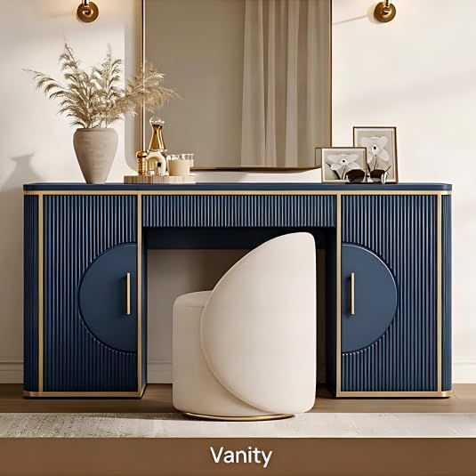 60" Fluted Writing Desk, Wooden Long Home Office Computer Desk with Drawer & Storage Cabinet, Modern Writing Table with Charging Station, High Executive Desk, Bedroom, Navy Blue, Set of 2