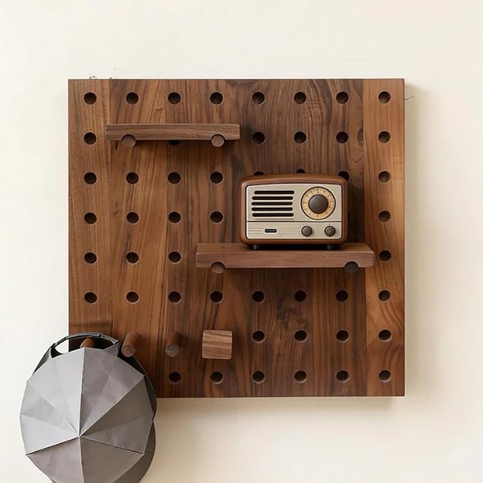Walnut Wood Pegboard Wall Organizer, Mid-Century Modern Wall Mounted Display Shelf, Modular Wooden Peg Board Shelving Unit with Hooks for Entryway, Bedroom, Office Storage & Decor
