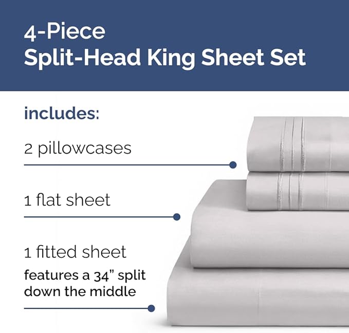 Flex Top Split Head King 4 Piece Sheet Set - Ultra-Soft, Breathable & Cooling Bed Sheets Set - Hotel Luxury Bedding for Women & Men with Deep Pockets - Wrinkle and Fade Free - Oeko-Tex - Light Grey
