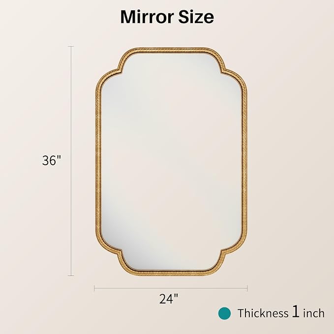 Vintage Gold Wall Decor Mirror - 24"x36" Large Gold Antique Mirror with Rounded Corner Rope-Like Frame, Wall Decorative Mirrors Accent for Living Room, Bedroom, Fireplace, Bathroom