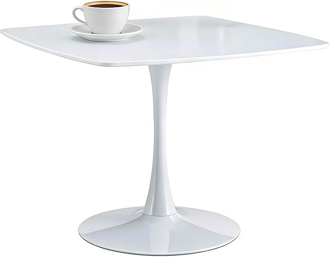 42 Inch White Square Dining Table, Mid Century Tulip Table for 4-6 People Modern Kitchen Dining Table with MDF Tabletop and Metal Pedestal Base