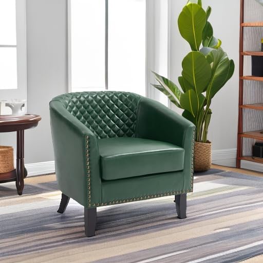 UIXE Faux Leather Barrel Accent Chairs Set of 2, Modern Club Upholstered Arm Chair, Comfy Armchair Nailed Trim Living Room Single Sofa Reading Seat Bedroom Side Sitting for Office, Green