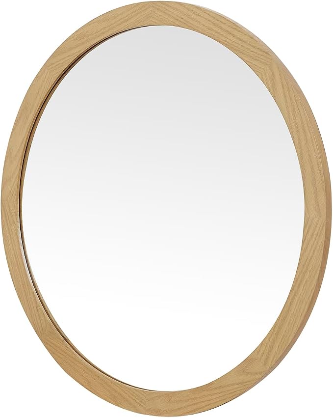 ARIEL Round Wooden Mirror 30" in Natural Oak, Wood Circle Wall Mirror for Bathroom, Vanity, Entryway & Living Room Decor, Farmhouse Style
