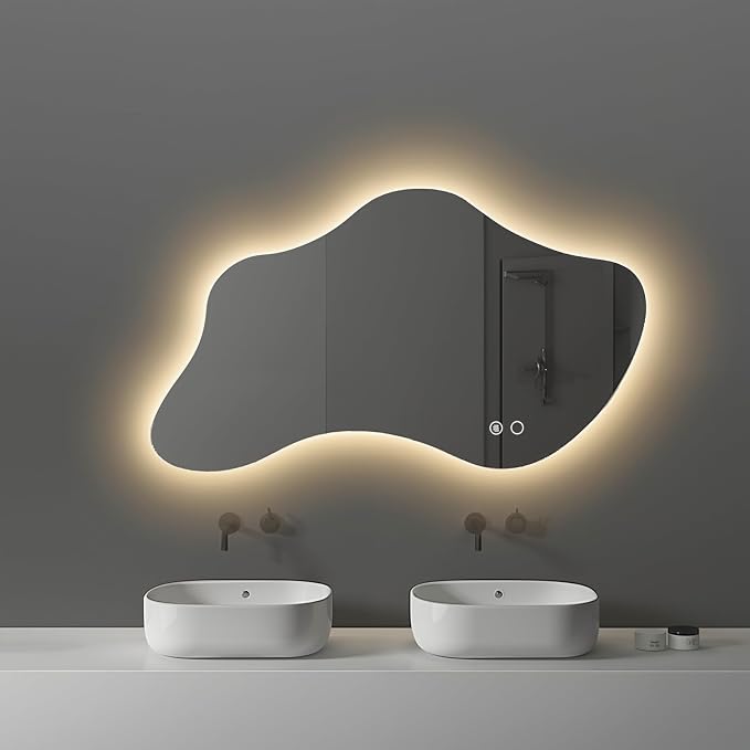 39.4″ Asymmetrical Bathroom Mirror with Lights, LED Irregular Wall Mirror, Abstract Modern Lighted Vanity Mirror for Wall, Anti-Fog, Dimmable, Horizontal/Vertical