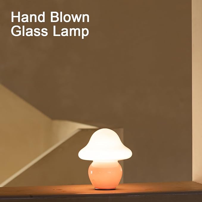 HEQET Mushroom Lamp Pink Glass Mushroom Table Lamp for Bedrooms, Living Room, Aesthetic Lamps for Bedroom, Cute Bedside Lamp