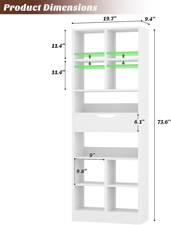 Armocity 8-Tier Tall Bookshelf with Drawer, 73.6" Narrow Freestanding Bookcase, Space-Saving Wood Display Shelves Storage for Living Room, Home Office Bedroom, White