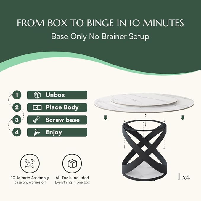 POVISON 59" Modern Dining Table, Glossy White Round Dining Table for 6 Built in Lazy Susan, Sintered Stone Dining Tabletop with Black X Carbon Steel Base (Table Only)