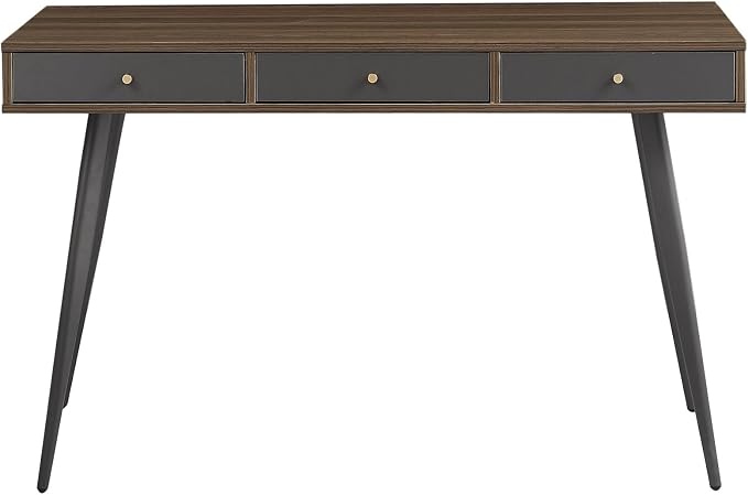 KEVINSPACE Mid Century Desk with Drawers, 47" Modern Home OfficeDesk, Writing StudyDesk ComputerDesk with Metal Legs & 3 Drawers, Multipurpose Vanity TableDesk for Bedroom Office, Walnut&Grey