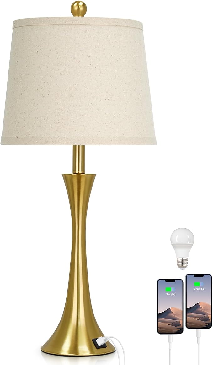 Rinweey 27.5" Gold Lamps for Living Room, Touch Control 3-Way Dimmable Bedside Nightstand Lamps Bedroom Lamp,Modern Gold Table Lamp with USB A+C Ports,Tall Lamps for Living Room End Table（1Pack）