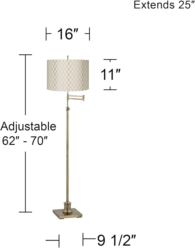 360 Lighting Westbury Swing Arm Floor Lamp Adjustable Height Standing 70" Tall Antique Brass Off White Embroidered Hourglass Fabric Drum Shade Decor for Living Room Reading House Bedroom