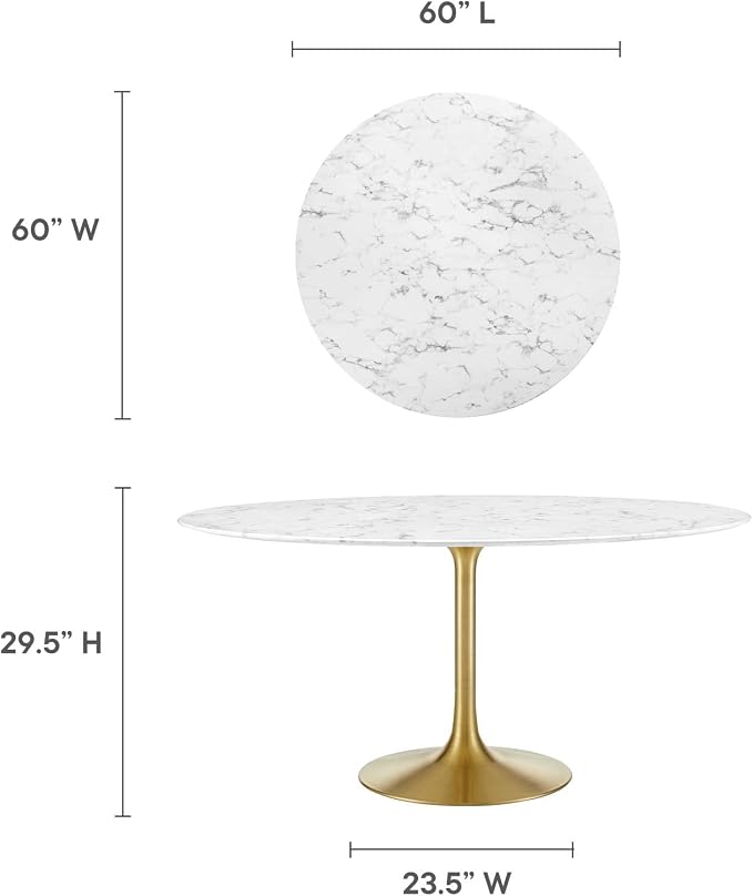 Modway Lippa 60" Mid-Century Dining Table with Round Artificial Marble Top in Gold White